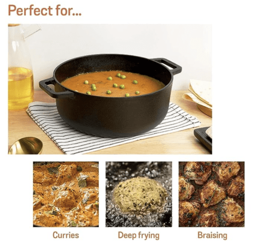 Meyer Pre-Seasoned Cast Iron Dutch Oven | Biryani Pot | Cast Iron Casserole with Heavy Bottom |Cooking Pot with Lid| Biryani Pot Induction Bottom| Stew Pot| Cast Iron Cookware, 20cm/ 2.8 Litre, Black - Image 2